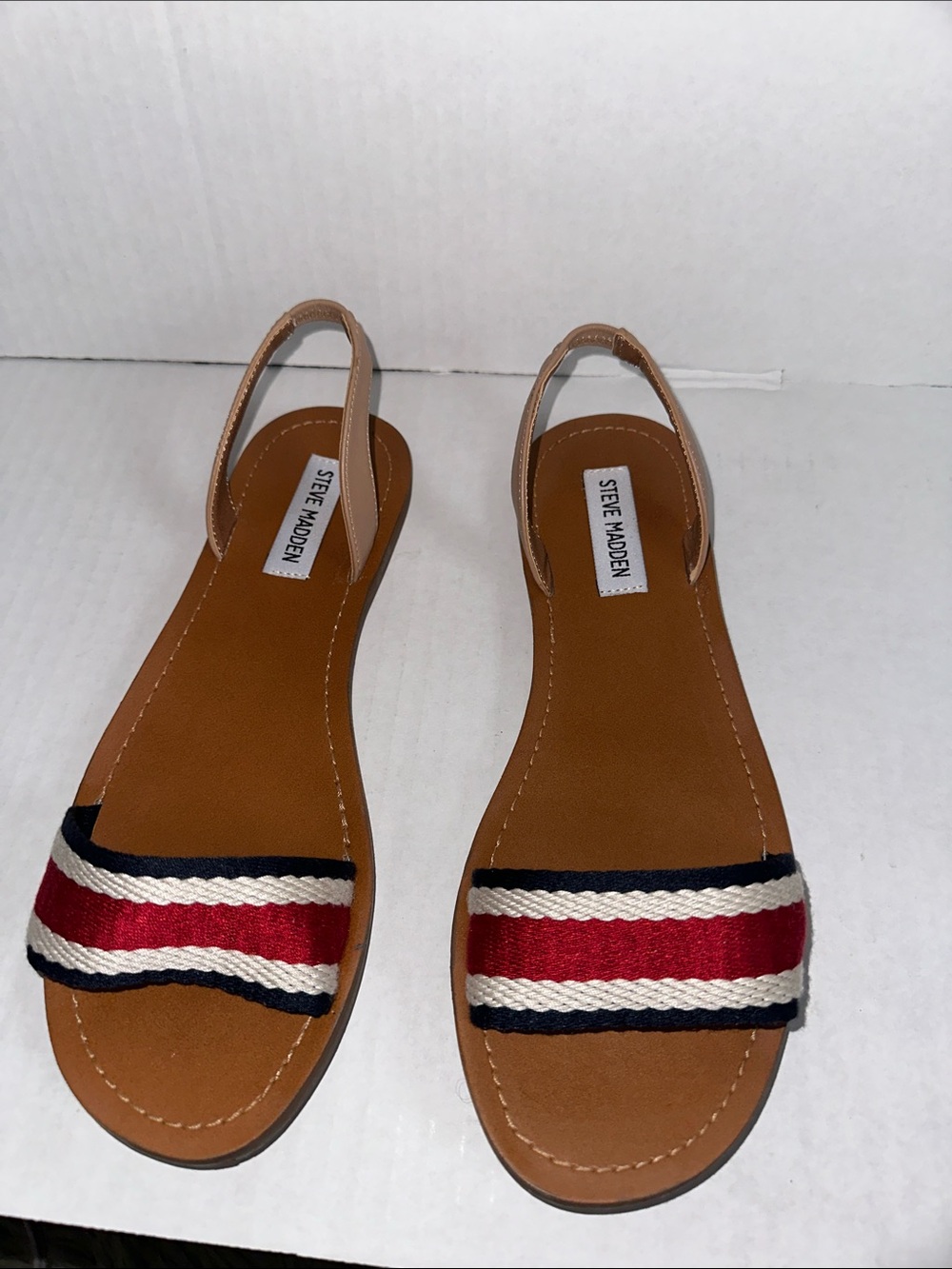 Steve Madden Tan Slingback Sandals with Red, White & Navy Striped Band